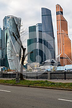 Several modern skyscrapers of the Moscow International Business Centre MIBC on the Moscow river embankment. Russia.